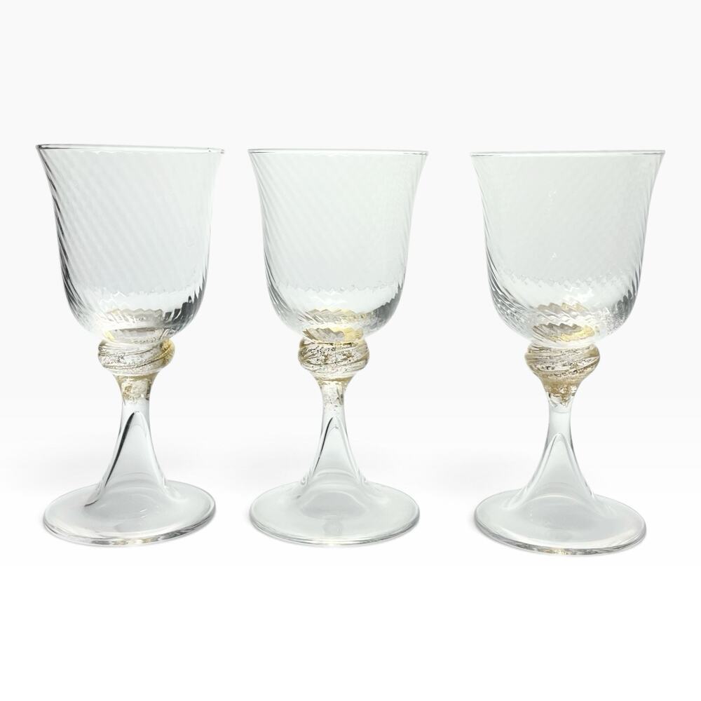 Murano Torcée 3 Wine Glasses 6” 6oz Swirl Optic Hand Blown 24k Gold Flakes Italy
